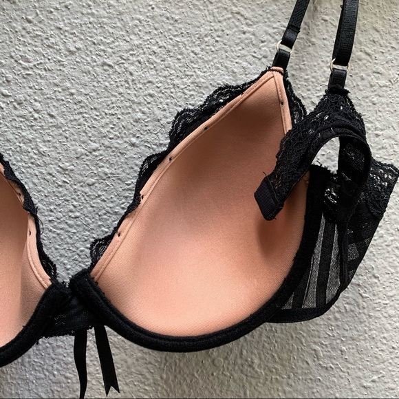 ELLE MacPherson sheer ribbons black nude lace bra Sz 36B lightly lined designer - Picture 13 of 16